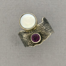 Load image into Gallery viewer, Coin Pearl and Pink Tourmaline Ring in Oxidized Sterling Silver
