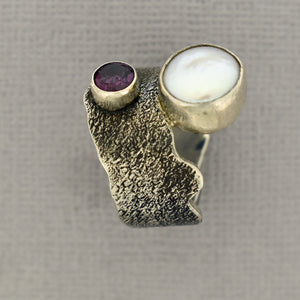 Coin Pearl and Pink Tourmaline Ring in Oxidized Sterling Silver
