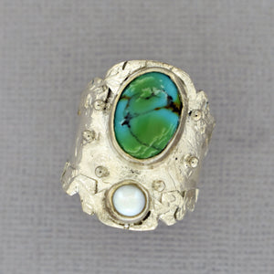 Turquoise and Pearl Silver Ring