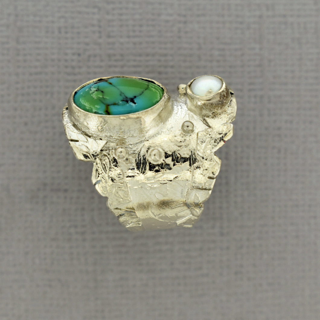 Turquoise and Pearl Silver Ring