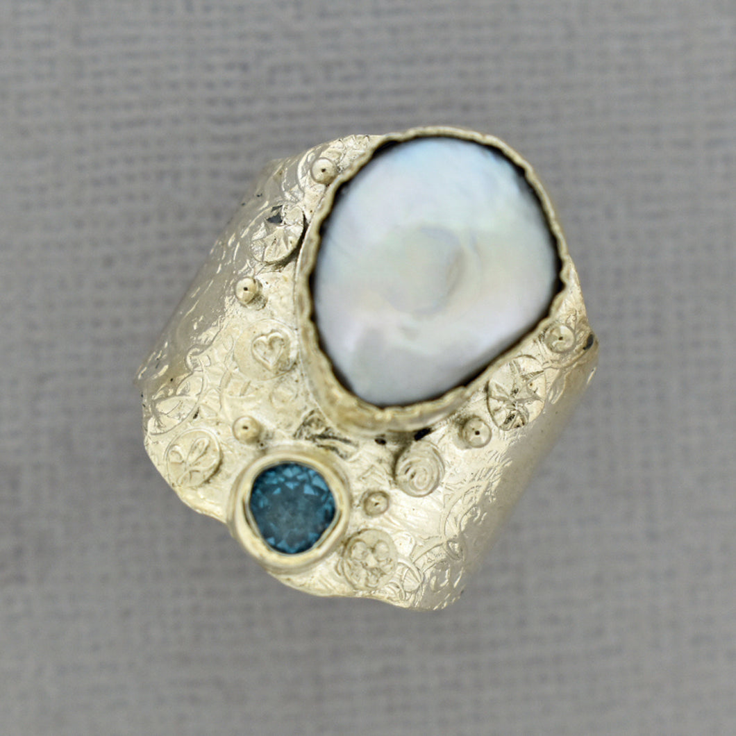 Baroque Pearl and Blue Topaz Silver Ring