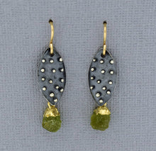 Load image into Gallery viewer, Rough Peridot Earrings with Oxidized Shield component
