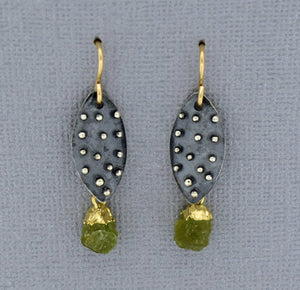 Rough Peridot Earrings with Oxidized Shield component