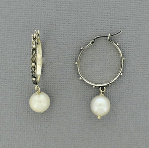 Oxidized Silver Hoops with an organic design and white Pearl